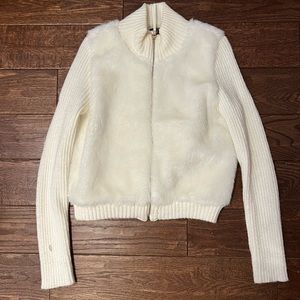 White Faux Fur Zip-Up Sweater
